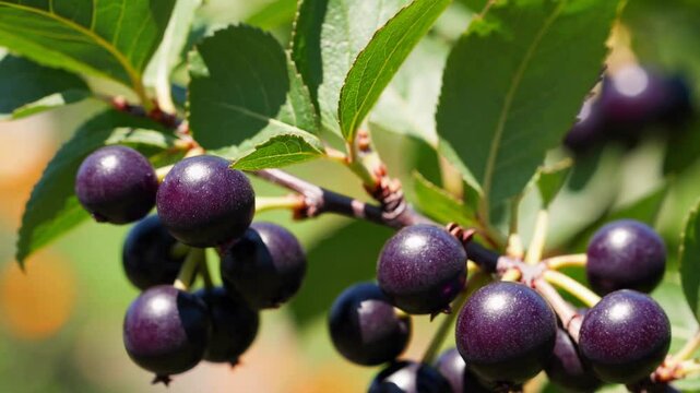 Macro video of ripe serviceberries hanging on a sunlit branch. Ideal for summer, food, gardening, or nature-themed visuals.
