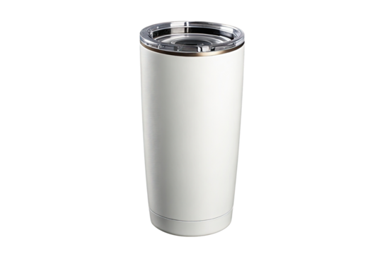 Modern white insulated tumbler with clear lid isolated on transparent background