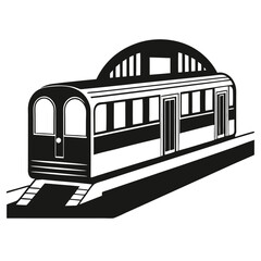 Black and White Graphic of a Subway Train on Tracks, Underground Transit
