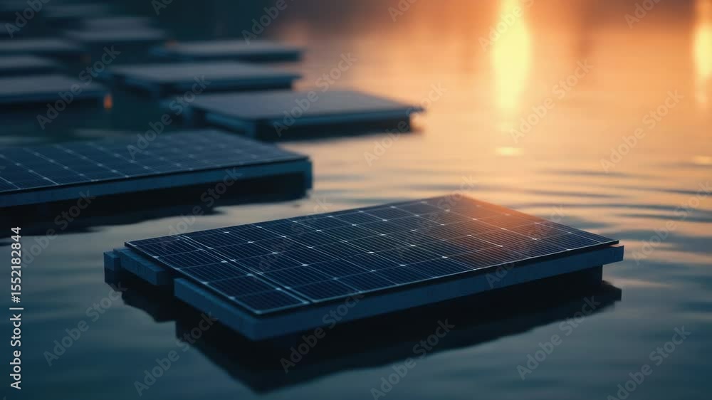 Poster solar panels floating on the surface of a lake or ocean, potential renewable energy source