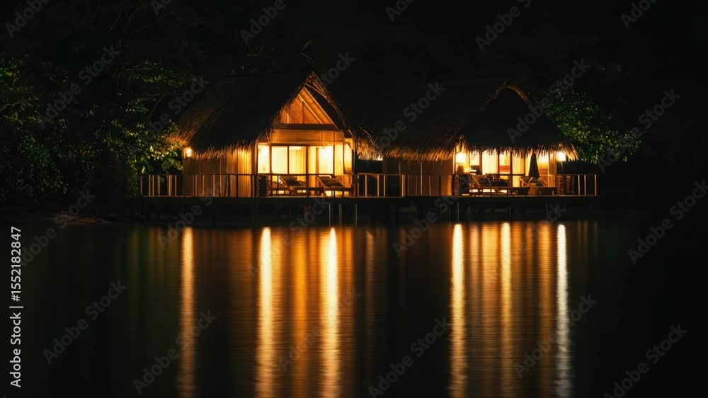 Aufkleber a serene scene with two traditional thatched huts situated on the calm surface of a lake