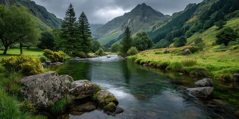 Scenic river flows through lush valley surrounded by majestic mountains on a cloudy day in a serene wilderness area