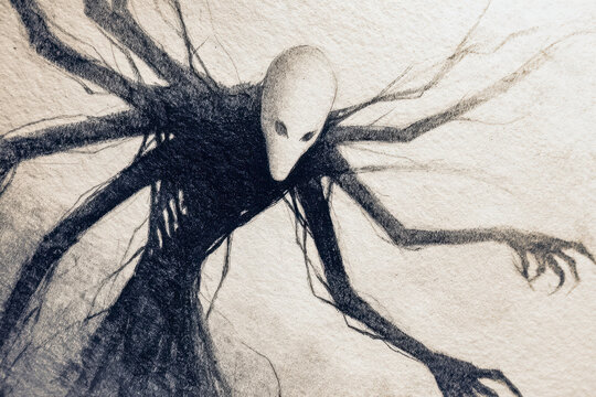 Surreal creature with a bird skull face and elongated limbs blending into a dark, abstract tree form