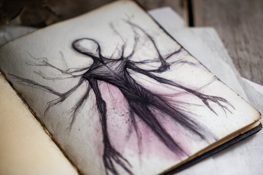 Artistic illustration of a humanoid figure with tree-like branches extending from its body in a sketchbook