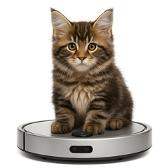 Fluffy tabby kitten sitting on silver robot vacuum cleaner – isolated on white background