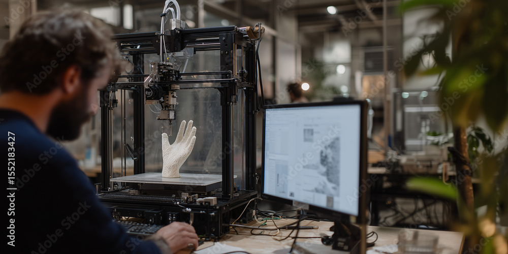 Poster a person focused on creating using 3d printing technology in a modern workshop