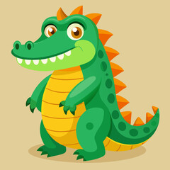 Naklejka premium Cute cartoon green alligator with orange spikes smiling on a beige background