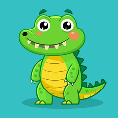 Naklejka premium Cute cartoon green alligator smiling with big eyes and pink cheeks