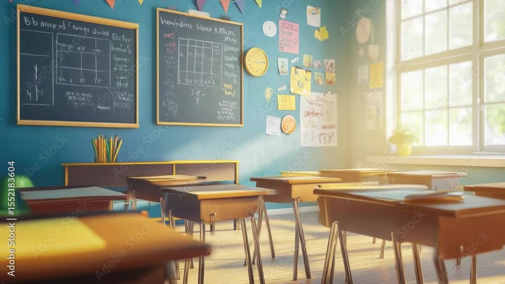 Poster a traditional classroom setting with students' desks and a blackboard for teaching