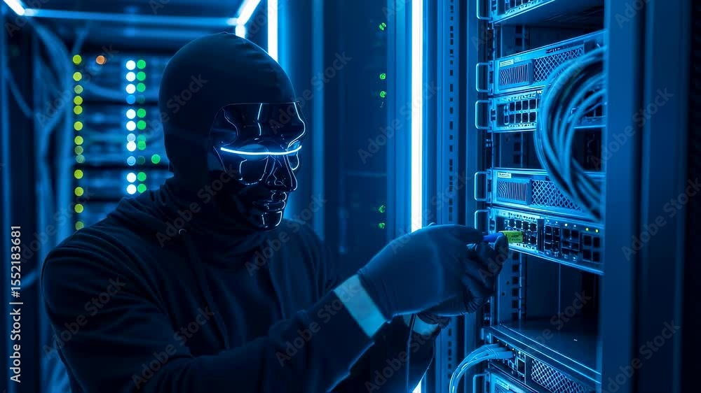 Poster man in mask connecting network cable to server in data center, hacker or it technician concept foota
