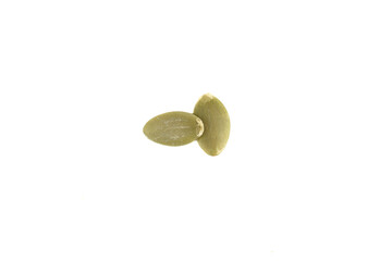Top view of two peeled pumpkin seeds on white background.