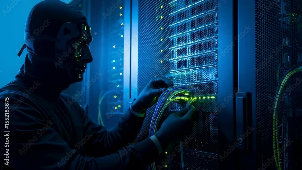 Aufkleber man hacker in mask and gloves connecting wires to server rack, concept of data theft and cybersecuri