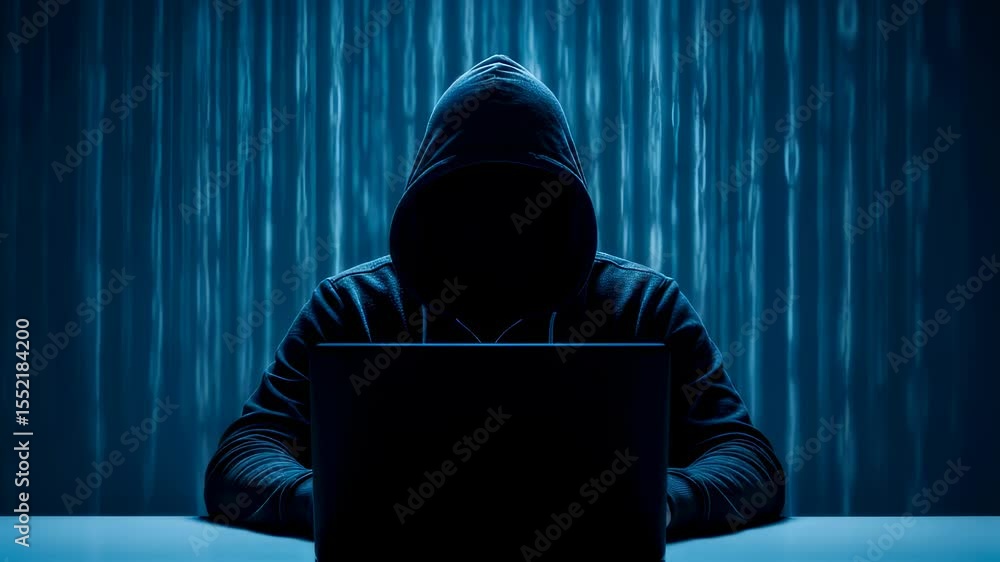 Aufkleber man hacker in hooded sweatshirt typing on a laptop computer with anonymous digital identity cybercri