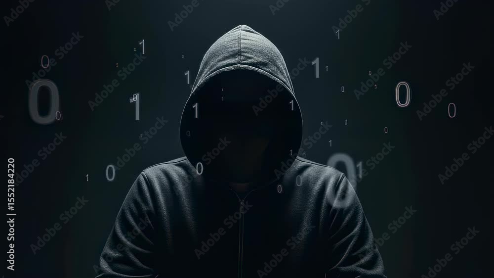 Poster male hacker in dark hoodie with digital binary code over black background, cybersecurity and data br