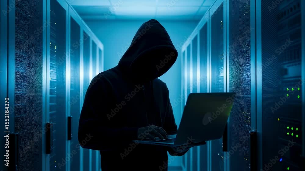 Poster man in hoodie using laptop in server room, portraying cyber crime or data management. dark web secur