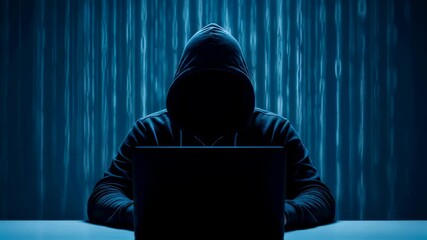 Man hacker in hooded sweatshirt typing on a laptop computer with anonymous digital identity cybercrime concept footage. - Powered by Adobe