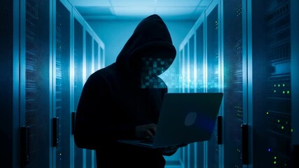 Man in hoodie using laptop in server room, hacker or network administrator cyber security concept footage. - Powered by Adobe