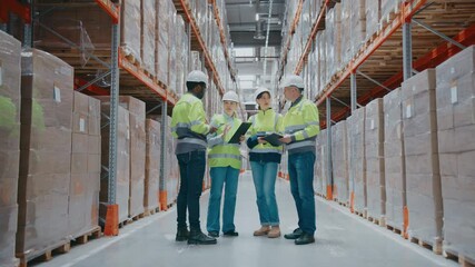 Group of warehouse employees in safety uniforms standing between tall racks filled with packed pallets. Team holding checklists and scanner while having discussion on wide warehouse aisle. - Powered by Adobe