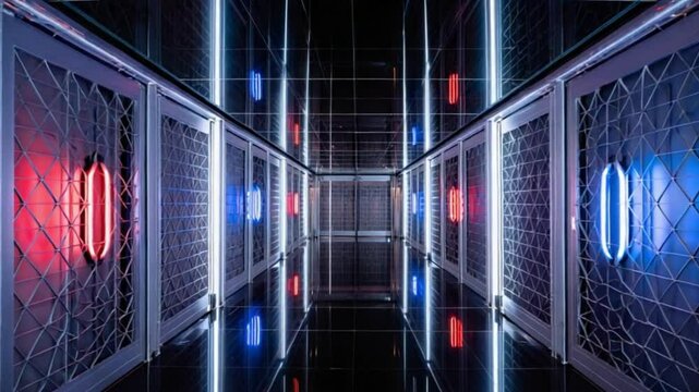 Futuristic corridor with glowing neon blue and red lights reflecting on a polished black floor and mirrored ceiling creating a symmetrical tunnel effect with metallic doors a hd 4k video dwonload