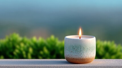 Handmade Ceramic Candle with Lit Flame Against a Green Background