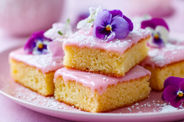 Elegant slices of cake with pink glaze and edible flowers for celebration