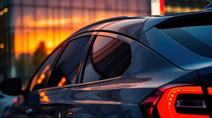 an elegant car, partially visible from behind, Taillights, dark tinted rear and side windows,