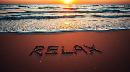 the word RELAX written on the sand of an ocean beach, with soft waves crashing on the shore.