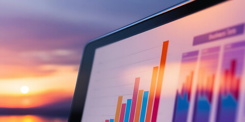 Digital Charts and Graphs Displayed with Sunset Background

