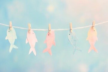 Colorful paper fish hanging on a string against blue background