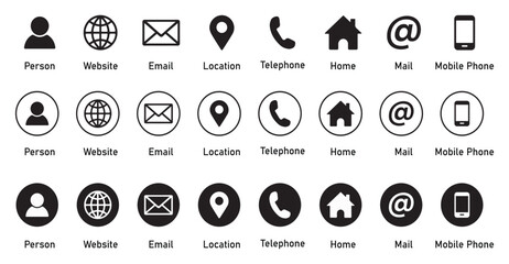 Set of contact us icons. it include Business icons for company such as Phone, Name, Website, Address, Location, and Email Symbols for Company Branding and Business Cards.