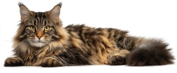 The majestic Maine Coon cat lounging gracefully on a white background.