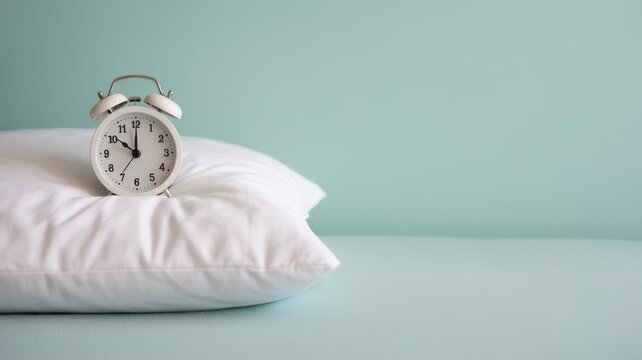 Alarm clock resting on pillow representing sleep quality and time. Sleep quality, bedtime routine, time management, health and wellness.
