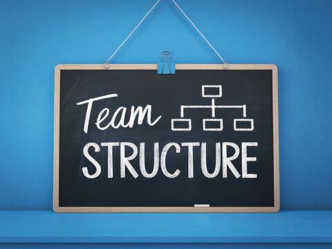 A conceptual representation of organizational hierarchy and teamwork. Team structure diagram on blackboard against blue wall.