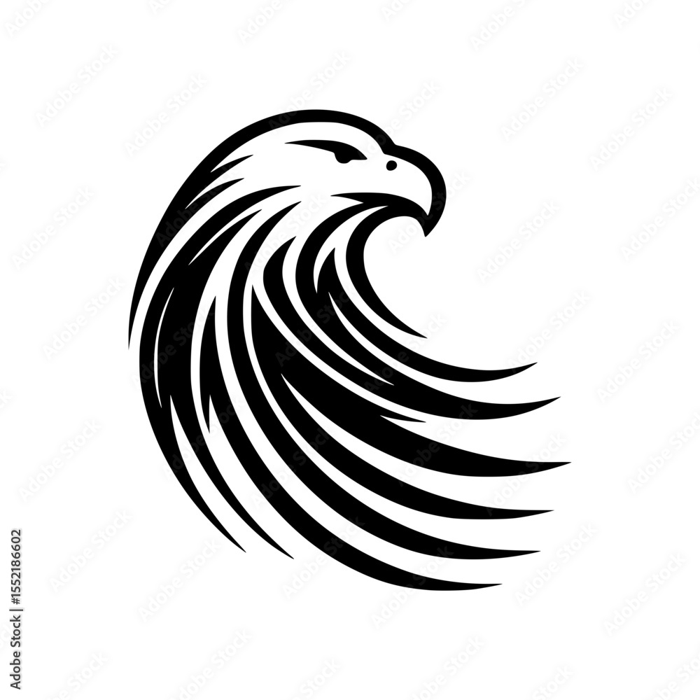 Poster stylized eagle silhouette with flowing wave design in black color, isolated vector image on transpar