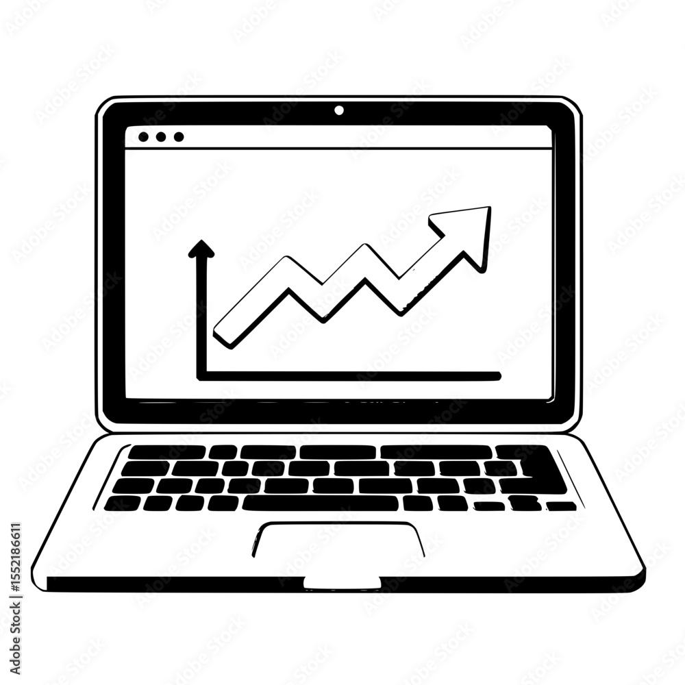 Poster laptop displaying growth chart on screen, isolated vector image on transparent background