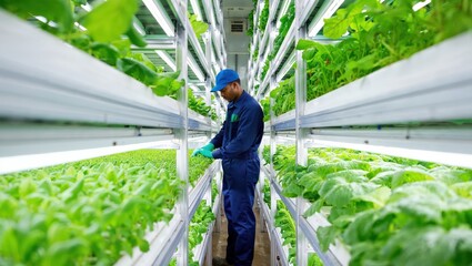 Male worker tending to plants in a greenhouse plantation. Agriculture, sustainability, food security, responsibility, care.