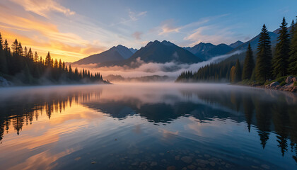 Fototapeta premium A serene landscape reveals a misty lake reflecting the sunrise, framed by mountains and evergreen trees in a beautiful natural scene.