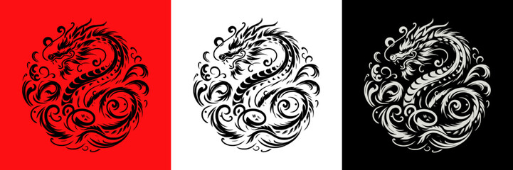 Dragon design in three variations for t-shirts on red, transparent and black backgrounds  