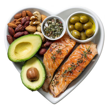 Heart shaped plate of salmon avocado nuts and olives isolated on transparent background