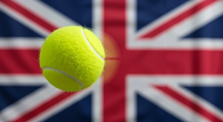 Tennis ball mid-air close-up, flying across Great Britain or United Kingdom union jack flag background, motion blur. Championship, game, professional sport, international world-class tournaments