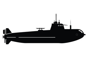 Silhouette of a Military Submarine with Antenna, Propeller, and Windows Vector Illustration