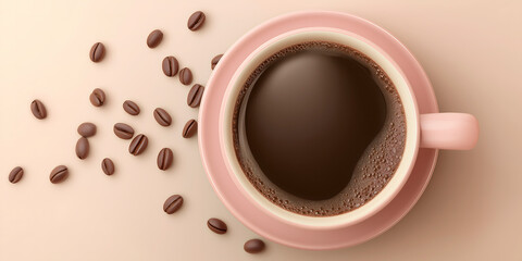 Coffee cup filled with dark beverage sits on a pastel background, surrounded by scattered coffee beans, creating a warm and inviting atmosphere for coffee lovers and enthusiasts