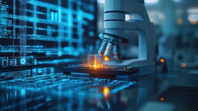 A modern microscope examining a circuit board, illuminated by digital code.