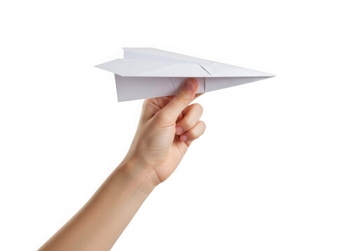 A childs hand holds a paper airplane ready to launch, isolated on transparent background