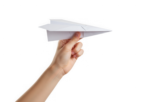 A childs hand holds a paper airplane ready to launch, isolated on transparent background