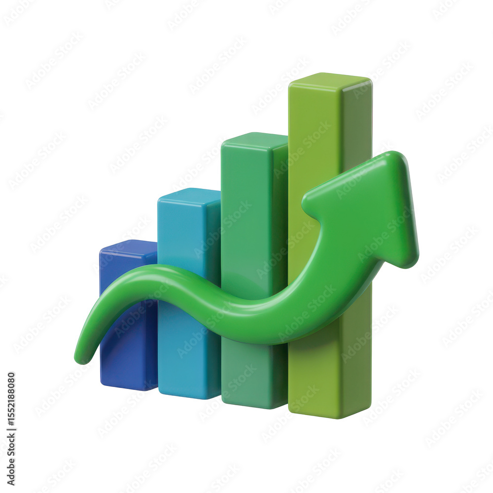 Poster 3d rendering of a colorful bar chart with a green arrow indicating upward growth and positive financ