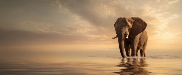 The Majestic Elephant Walking Gracefully Through Calm Waters at Sunset