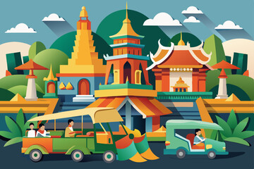 Fototapeta premium Vector illustration of an ancient Asian temple with towering domes, a landmark of Thai culture and religion