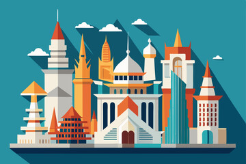 Fototapeta premium Whimsical vector cartoon illustration of a fairytale castle, a fantasy kingdom's city hall with charming architecture and towering spires against a clear sky