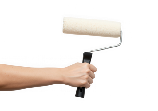 A hand holds a paint roller, ready to apply paint, isolated on transparent background